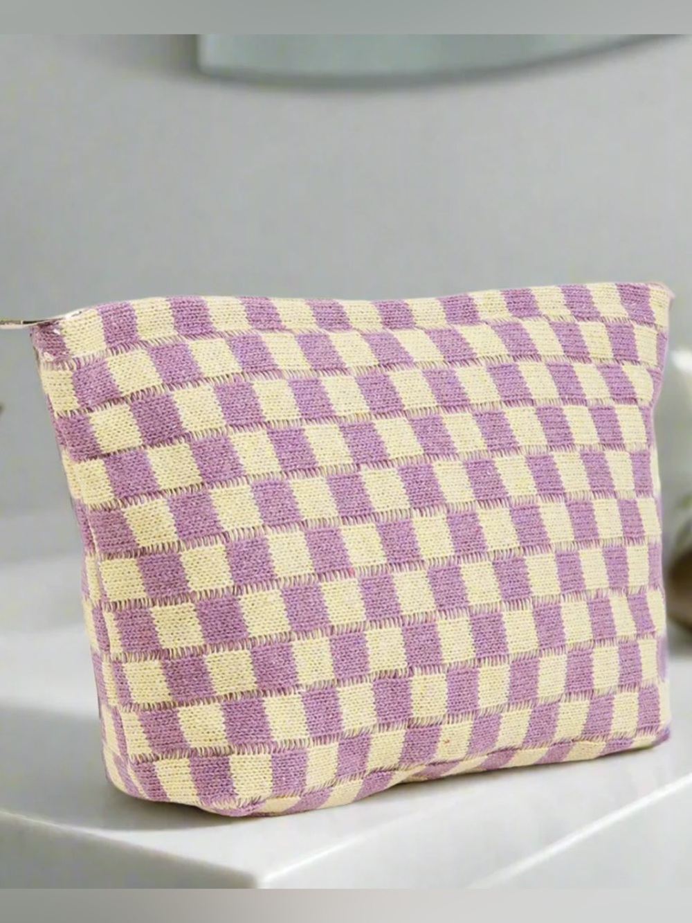 Eva Checkered Yellow Purple Terry Cloth Towel Textured Make Up Toiletry Bag
